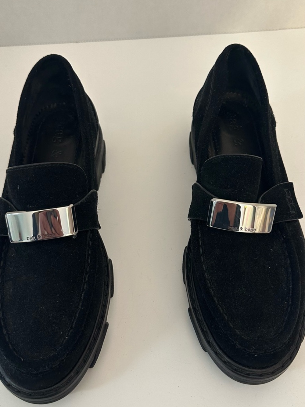 rag & bone Black Suede Loafers with Silver Hardware